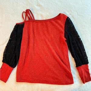 SHEIN Red Top with Black Lace Sleeves
